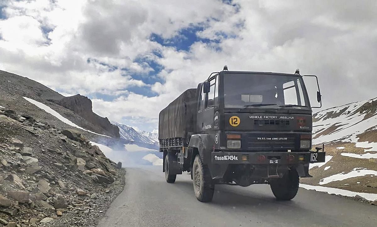 An Indian army vehicle moves towards Ladakh, amid India-China border dispute in eastern Ladakh, at Bara-lacha la mountain pass in Lahual district, Saturday, July 11, 2020. CRedit: PTI Photo