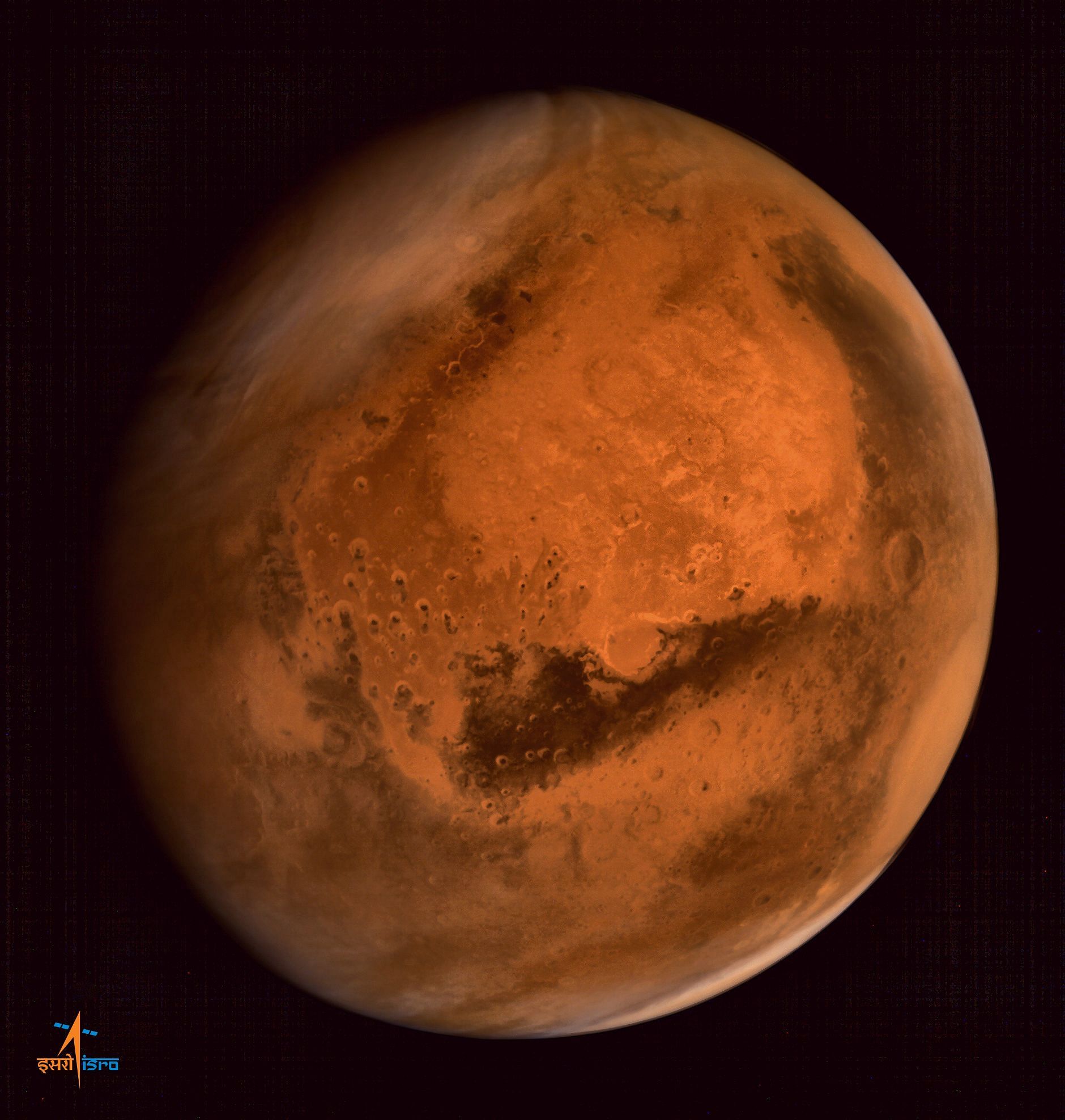 In this file photo taken on September 30, 2014 a handout photograph received from the Indian Space Research Organisation (ISRO) shows an image of the planet Mars taken by the ISRO Mars Orbiter Mission (MOM) spacecraft. Credit: AFP PHOTO/ ISRO