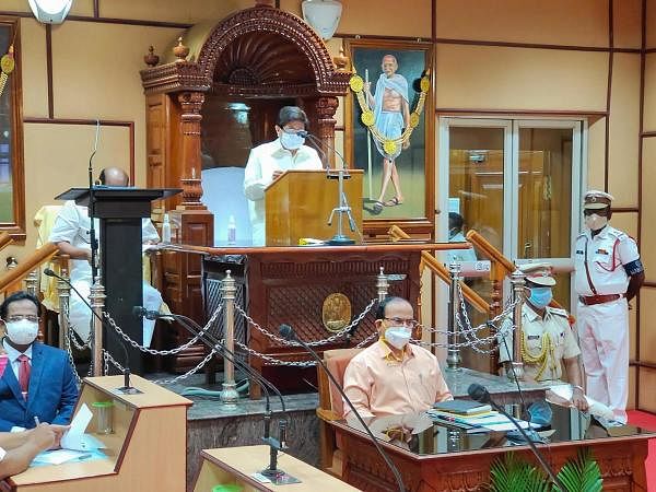 Lt Governor of Puducherry Kiran Bedi addreses the ongoing Budget Session of the Assembly in Puducherry. Credit: PTI