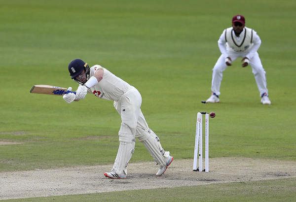 England's Ollie Pope is bowled out by West Indies' Shannon Gabriel. Credit: AP