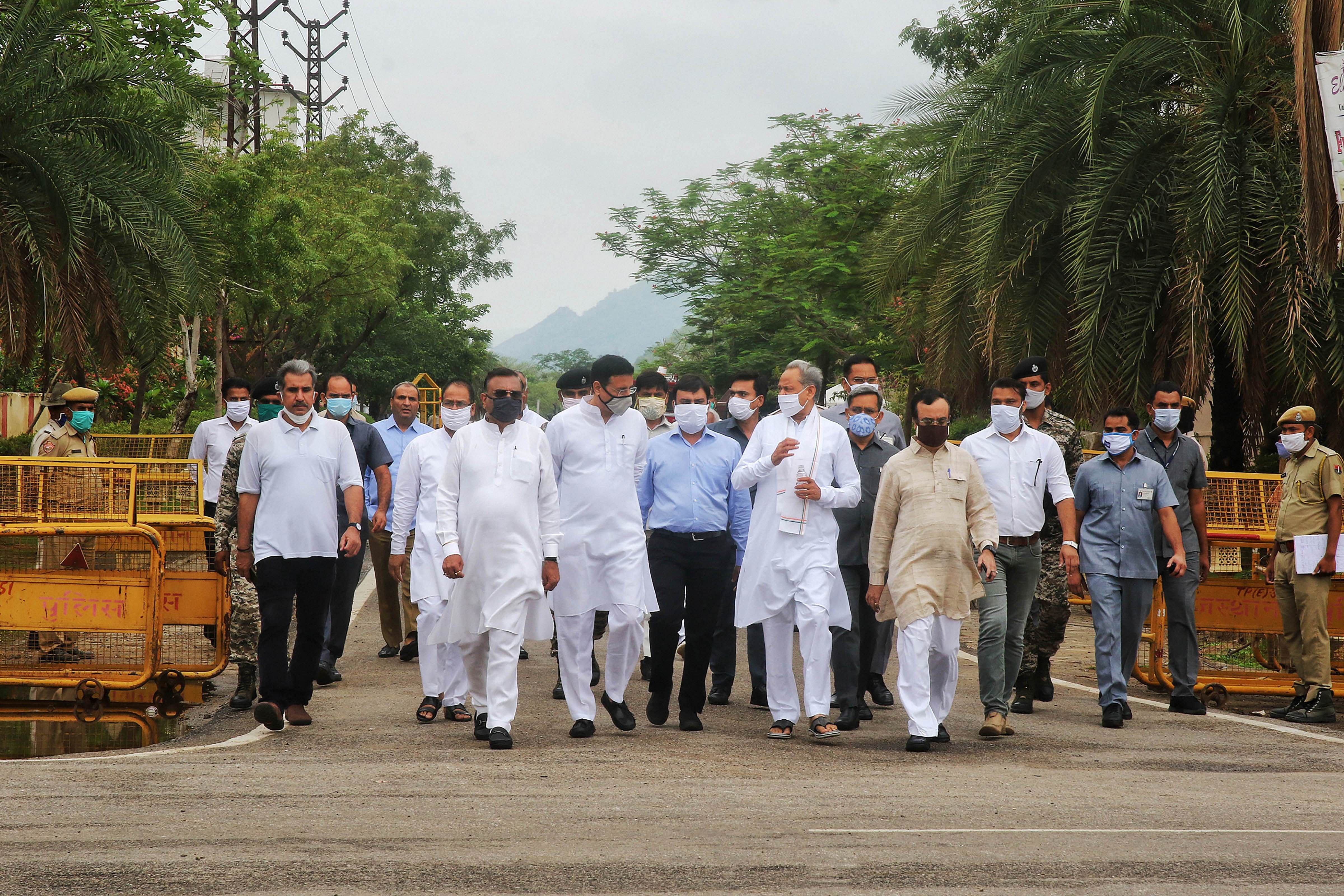 Rajasthan Chief Minister Ashok Gehlot along with senior Congress leaders Randeep Surjewala, Avinash Pandey and Ajay Maken. Credits: PTI Photo