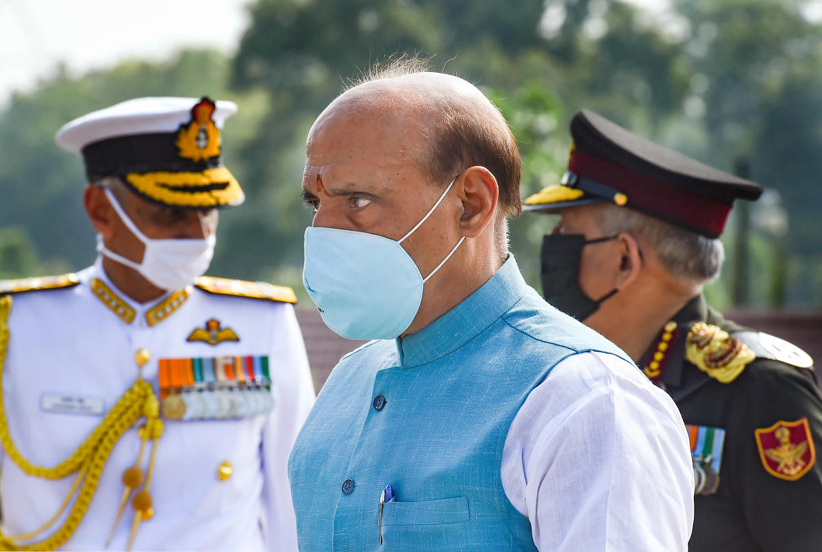 Defence Minister Rajnath Singh after paying tribute to the martyrs of Kargil war on the occasion of Kargil Vijay Diwas, at National War Memorial in New Delhi. Credit: PTI