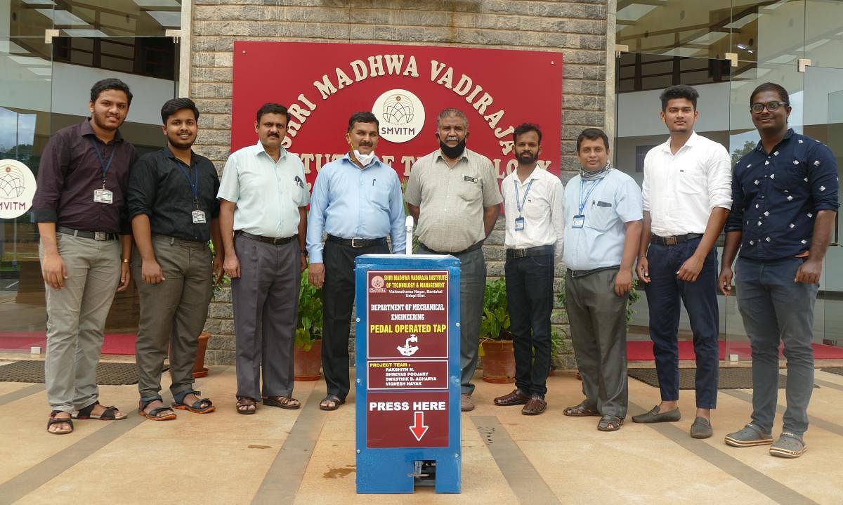 The foot-operated washbasin developed by the Mechanical Engineering students at Shri Madhwa Vadiraja Institute of Technology and Management (SMVITM), Bantakal.