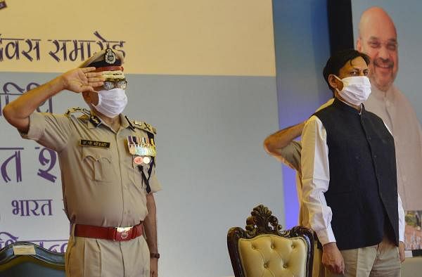 MoS for Home Nityanand Rai (R) and DG CRPF AP Maheshwari attend a function on the occasion of 82nd Raising Day of CRPF, in New Delhi. Credit: PTI Photo
