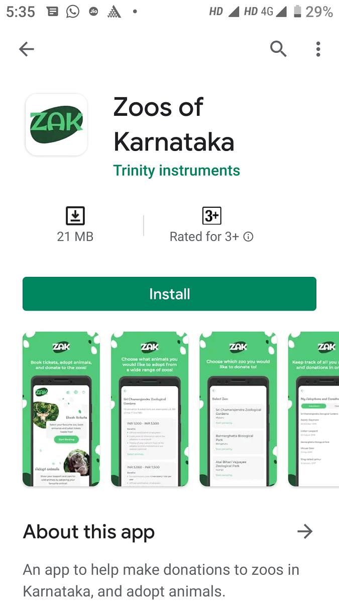Screenshot of ‘Zoos of Karnataka’ app on Google Play Store.