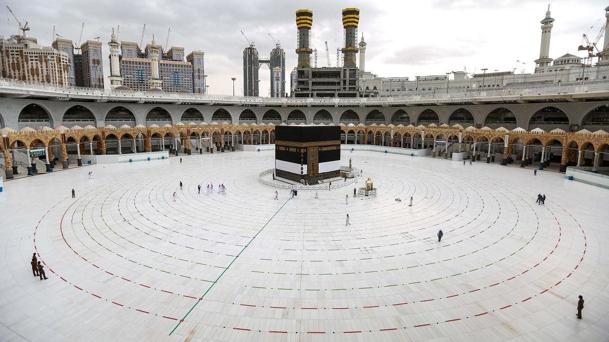 Grand Mosque in the holy city of Mecca, ahead of the annual Muslim Hajj pilgrimage, with rings laid in place around for social distancing amid Covid-19 crisis. Credit: AFP