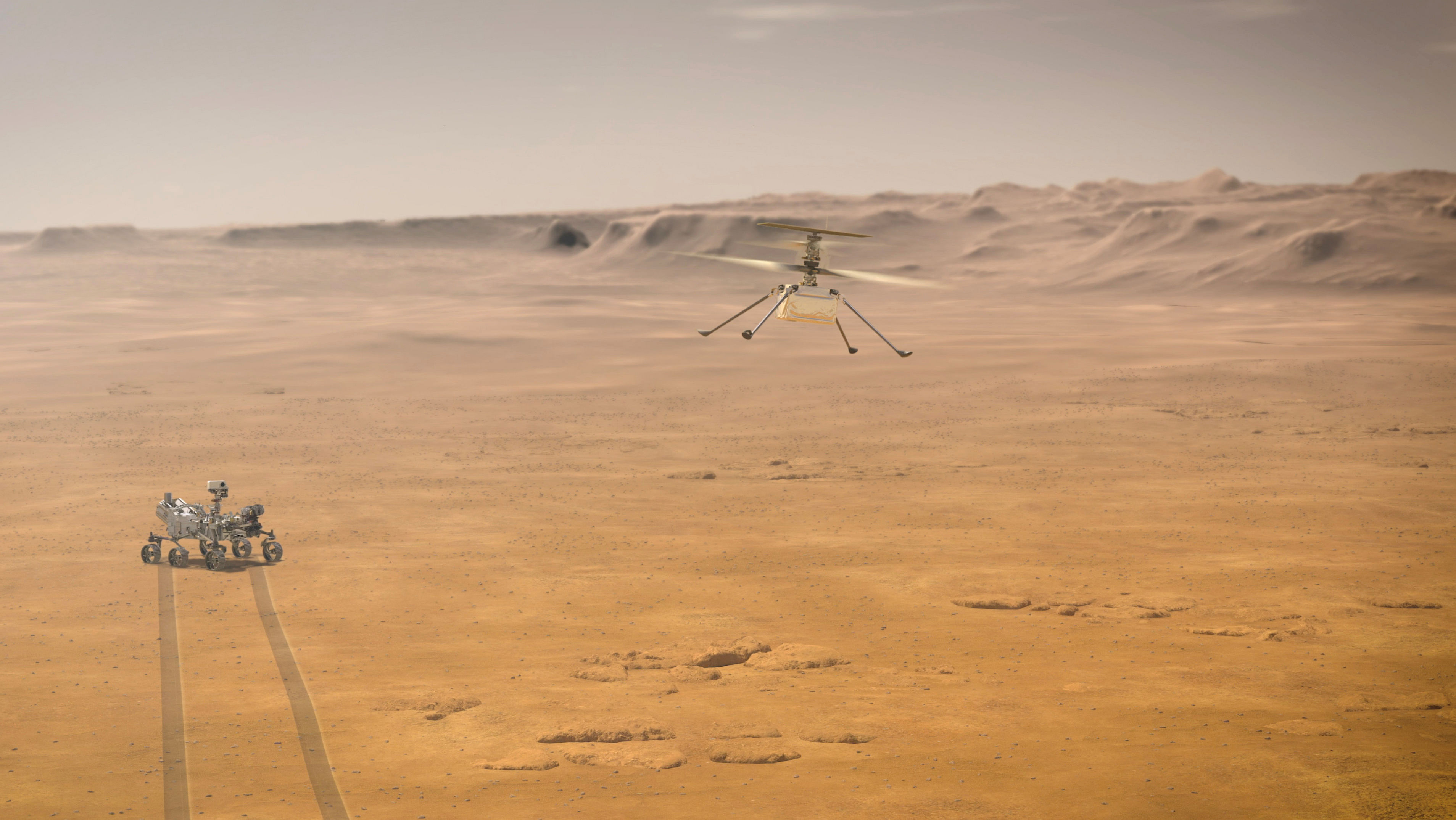 Ingenuity Mars Helicopter attempts its first test flight on Mars near NASA's Perseverance Mars rover. Credit: Reuters