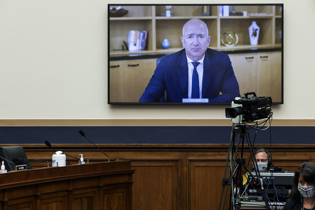 Amazon CEO Jeff Bezos testifies via video conference during a hearing of the House Judiciary Subcommittee on Antitrust, Commercial and Administrative Law on "Online Platforms and Market Power", in the Rayburn House office Building on Capitol Hill, in Washington, US, July 29, 2020. Credit: REUTERS