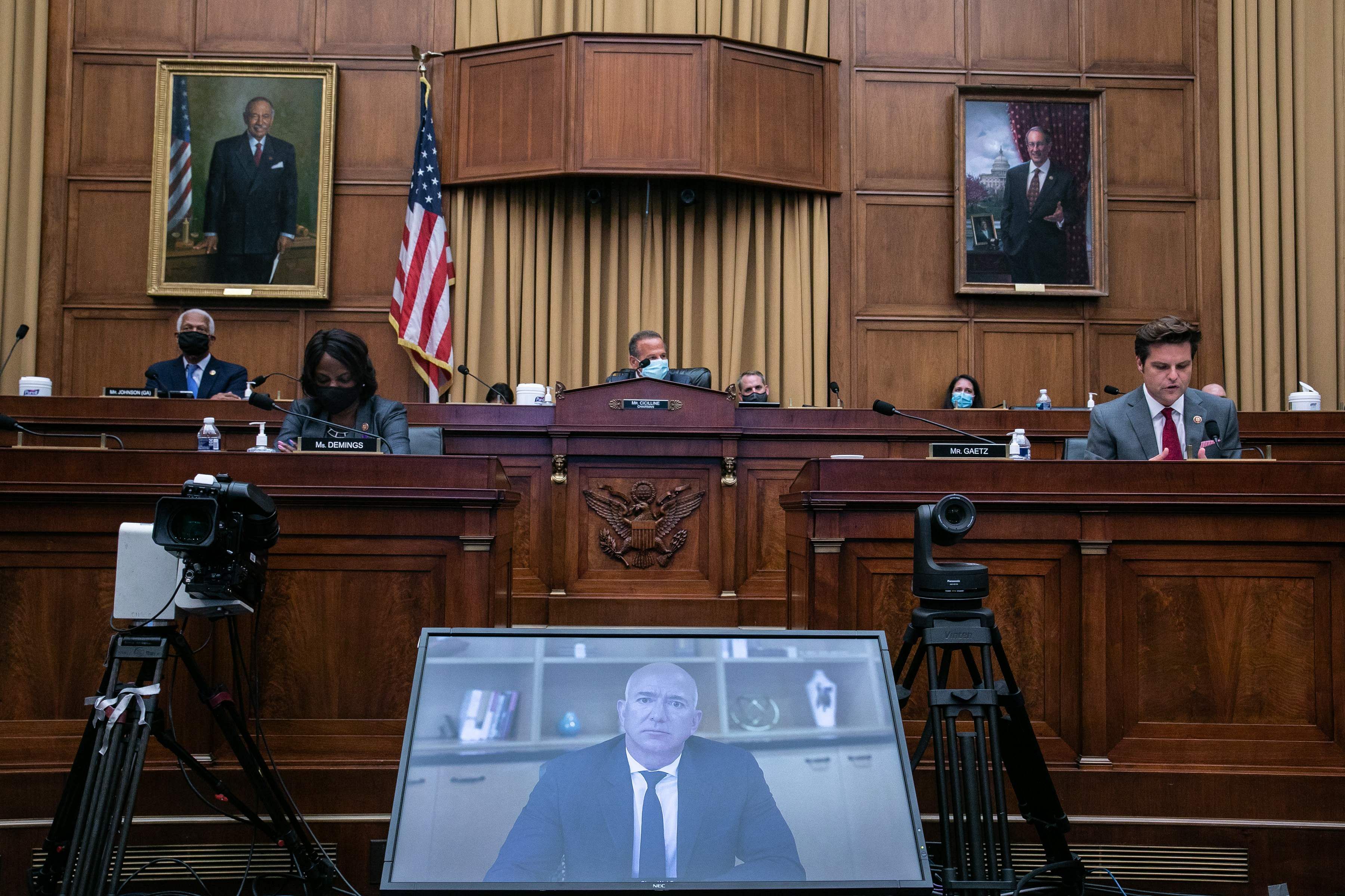 Amazon CEO Jeff Bezos testifies before the House Judiciary Subcommittee on Antitrust, Commercial and Administrative Law hearing on "Online Platforms and Market Power" in the Rayburn House office Building on Capitol Hill in Washington, DC on July 29, 2020. Credit: AFP