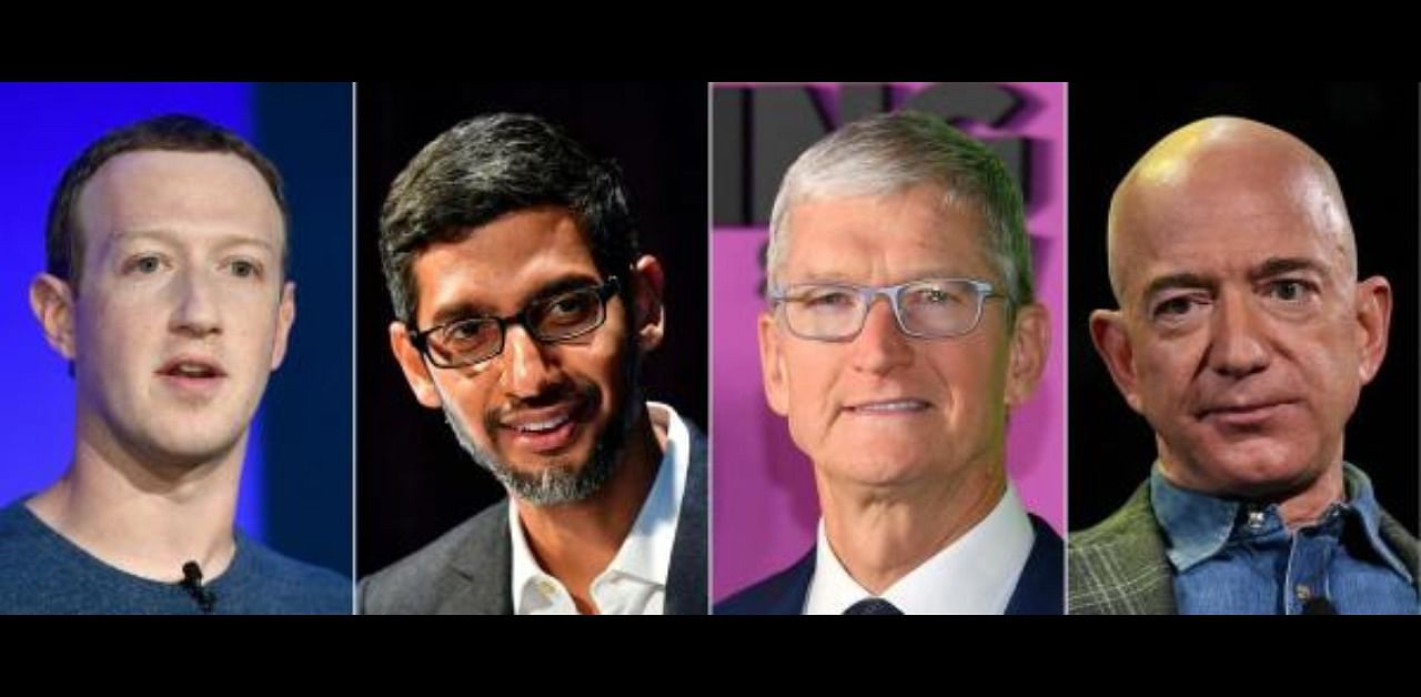 This combination of pictures created on July 07, 2020 shows (L-R) Facebook CEO Mark Zuckerberg in Paris on May 23, 2018, Google CEO Sundar Pichai Berlin on January 22, 2019, Apple CEO Tim Cook on October 28, 2019 in New York and Amazon Founder and CEO Jeff Bezos in Las Vegas, Nevada on June 6, 2019. Credit: AFP Photo