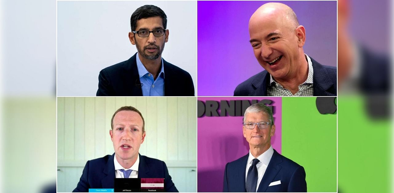 Google CEO Sundar Pichai (Top-Left), Amazon Founder and CEO Jeff Bezos (Top-Right),  Facebook CEO Mark Zuckerberg (Down-Left) and Apple CEO Tim Cook (Down-Right)