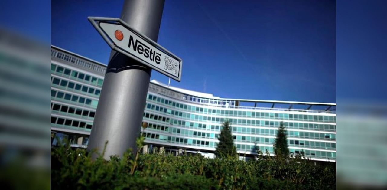 Nestle's logo on a road sign near the world's biggest food company headquarters in Vevey. Credit: AFP