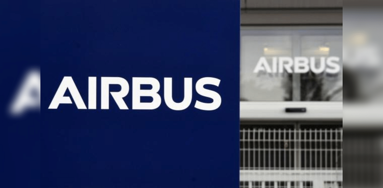 Logo of European aircraft manufacturer Airbus outside the entrance of the site of Airbus' Wings Campus in Blagnac. Credit: AFP Photo