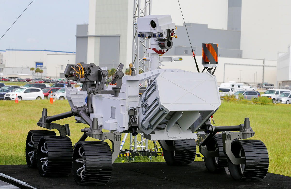 A replica of the Mars 2020 Perseverance Rover is shown during a press conference ahead of the launch of a United Launch Alliance Atlas V rocket carrying the rover, at the Kennedy Space Center in Cape Canaveral, Florida, U.S. July 29, 2020.  Credit: Reuters Photo