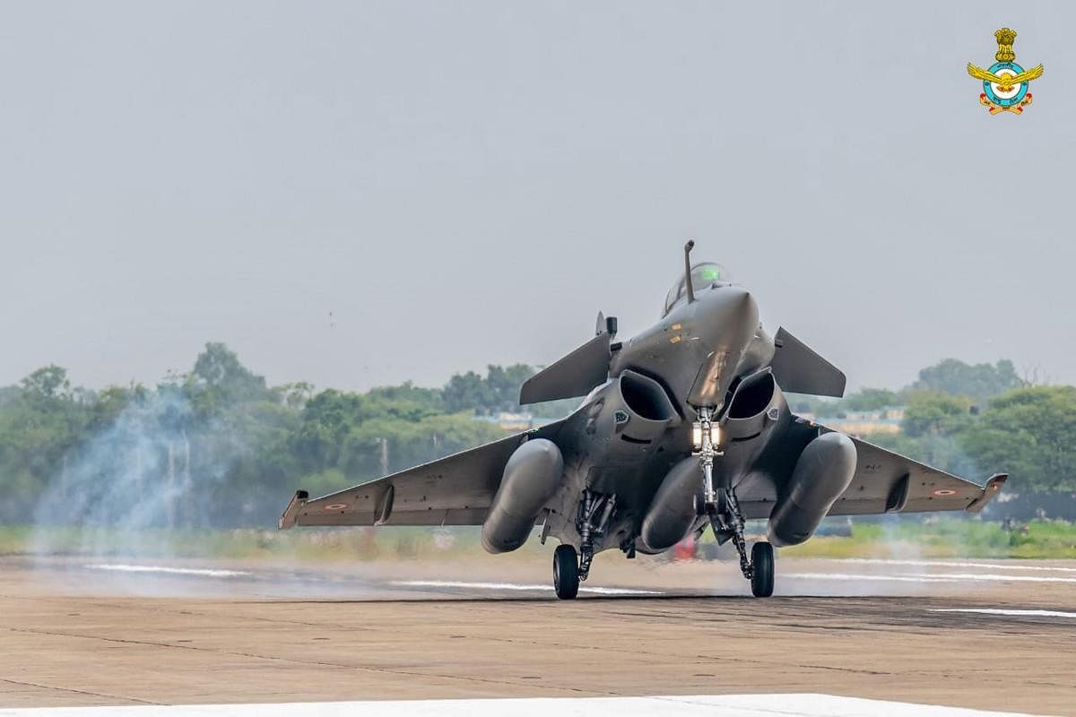  First five Rafale combat aircraft from France arrive at the Air Force Station, in Ambala, Wednesday, July 29, 2020. Credit: PTI Photo