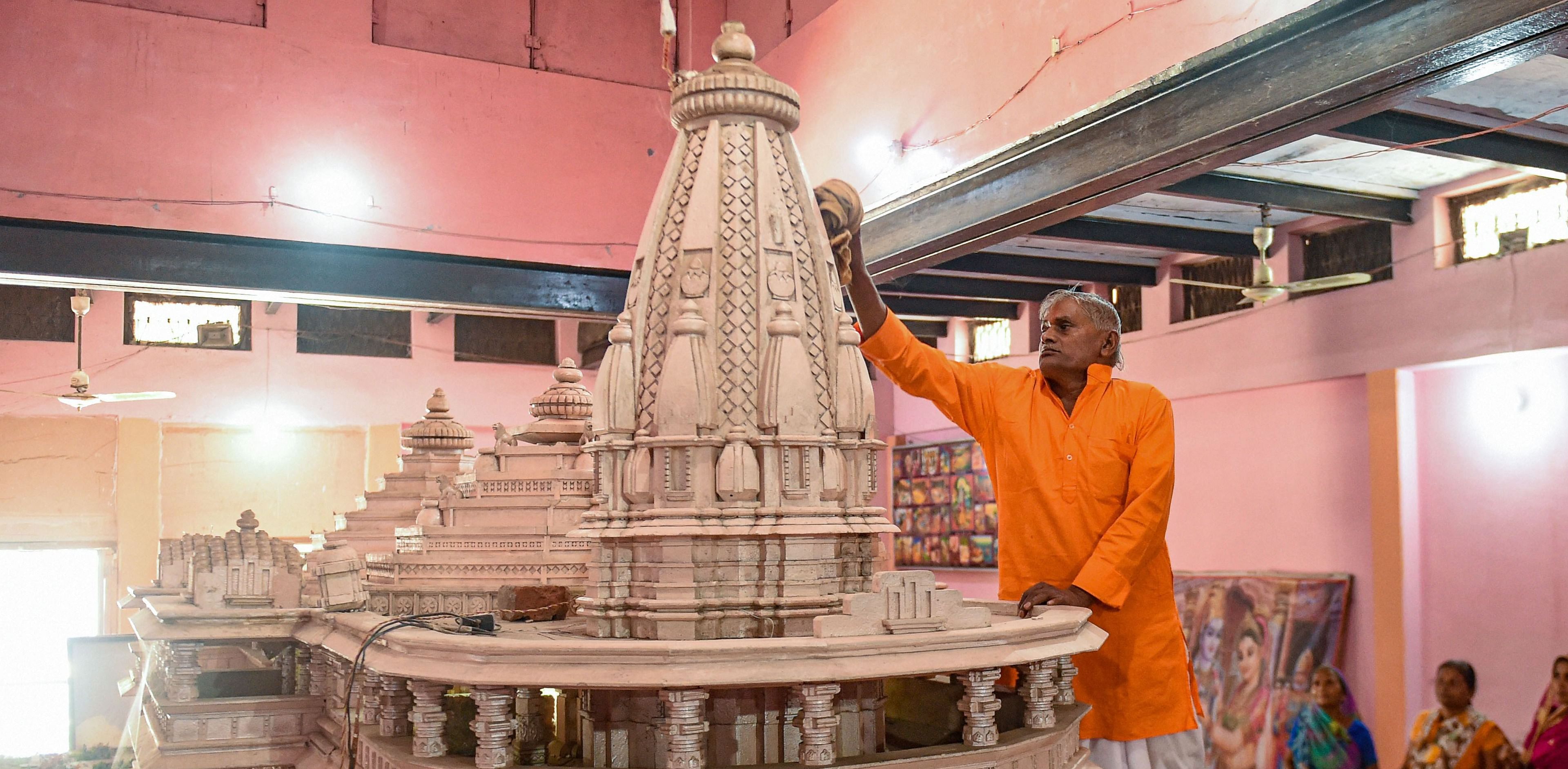 Replica of the proposed Ram Mandir on display at Karsewakpuram, in Ayodhya. Credit: PTI Photo