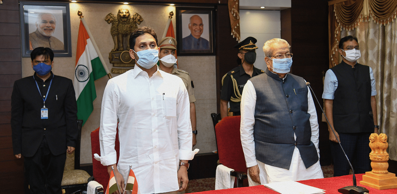 Chief Minister Y S Jagan Mohan Reddy and Governor Biswa Bhusan Harichandan. Credit: PTI Photo