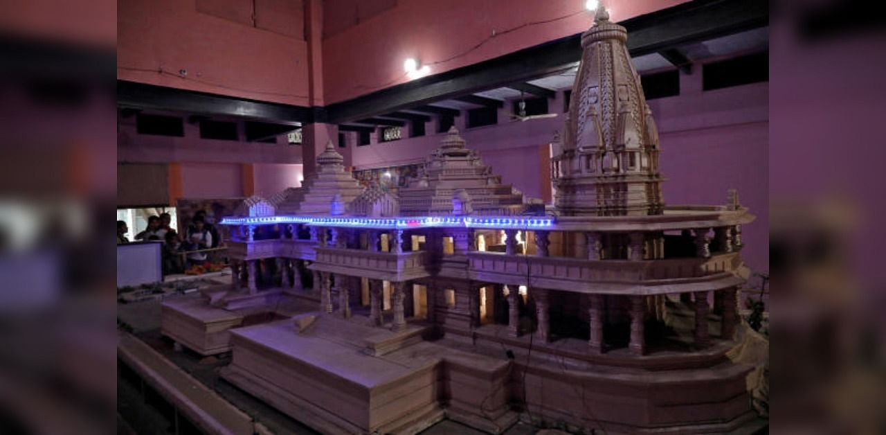 A model of a proposed Ram temple that Hindu groups want to build at a disputed religious site in Ayodhya in the northern state of Uttar Pradesh, India. Credit: Reuters Photo