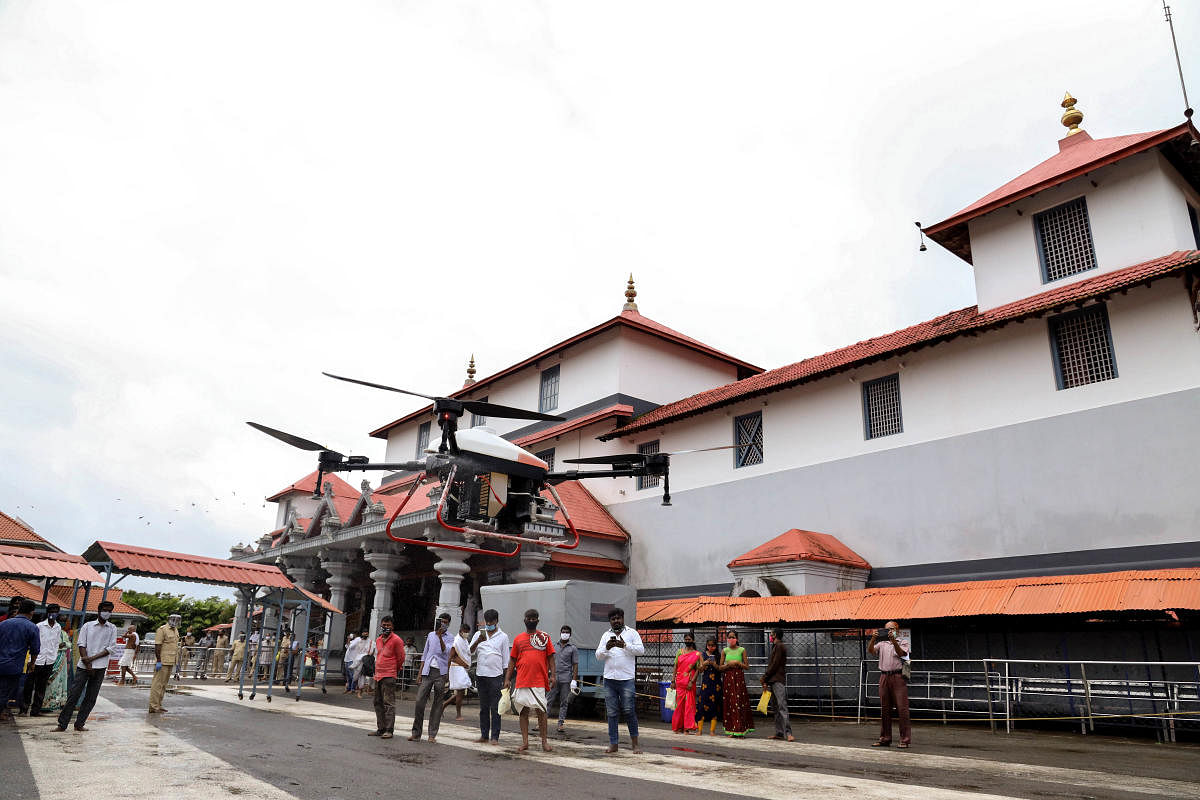 A demonstration on using drones to disinfect areas was held at Dharmasthala.