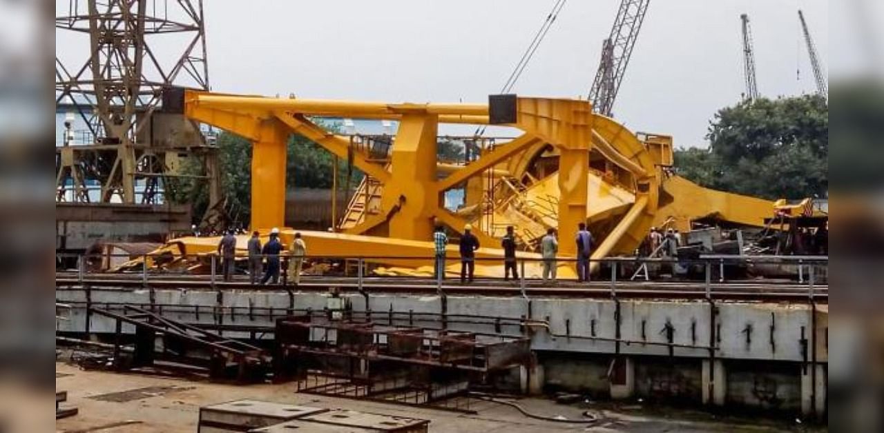 Rescue operations underway after a heavy-duty crane collapsed at the Hindustan Shipyard Limited (HSL), in Visakhapatnam. Credit: PTI