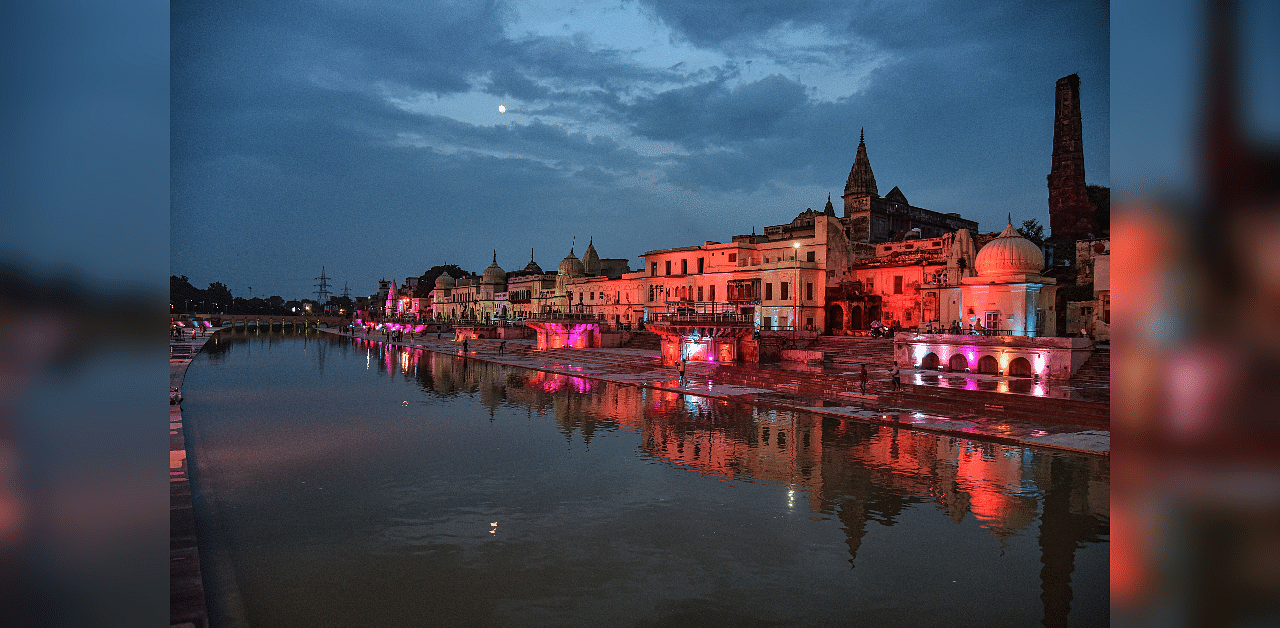 Ram Ki Paidi illuminated ahead of the ground-breaking ceremony for the construction of the Ram Temple, in Ayodhya. Credit: PTI Photo