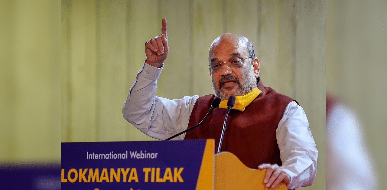 Union Home Minister Amit Shah addresses the webinar 'Lokmanya Tilak: Swaraj to Atmanirbhar Bharat', in New Delhi. Credit: PTI Photo