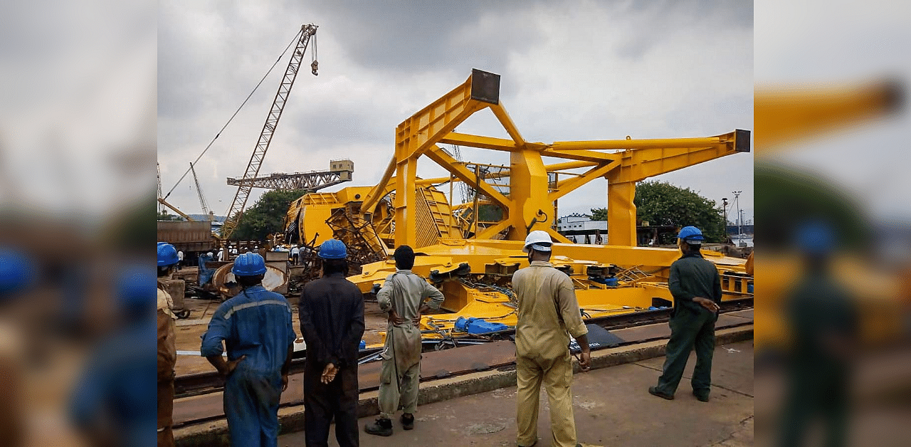 Rescue operations underway after a heavy-duty crane collapsed at the Hindustan Shipyard Limited (HSL), in Visakhapatnam. Credit: PTI Photo