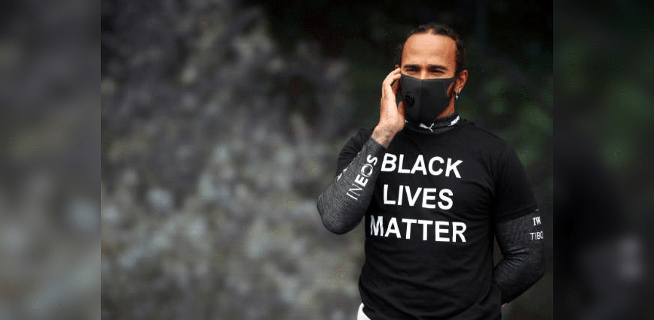 Mercedes' Lewis Hamilton wearing a t-shirt in support of the Black Lives Matter campaign before the race. Credit: Reuters Photo