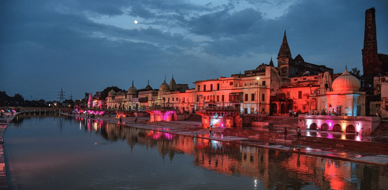 Ram Ki Paidi illuminated ahead of the ground-breaking ceremony for the construction of the Ram Temple, in Ayodhya. Credit: PTI Photo