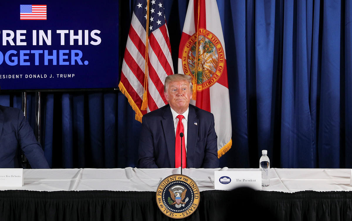 US President Donald Trump participates in a "COVID-19 Response and Storm Preparedness" event at the Pelican Golf Club in Belleair, Florida, US, July 31, 2020. Credit: REUTERS