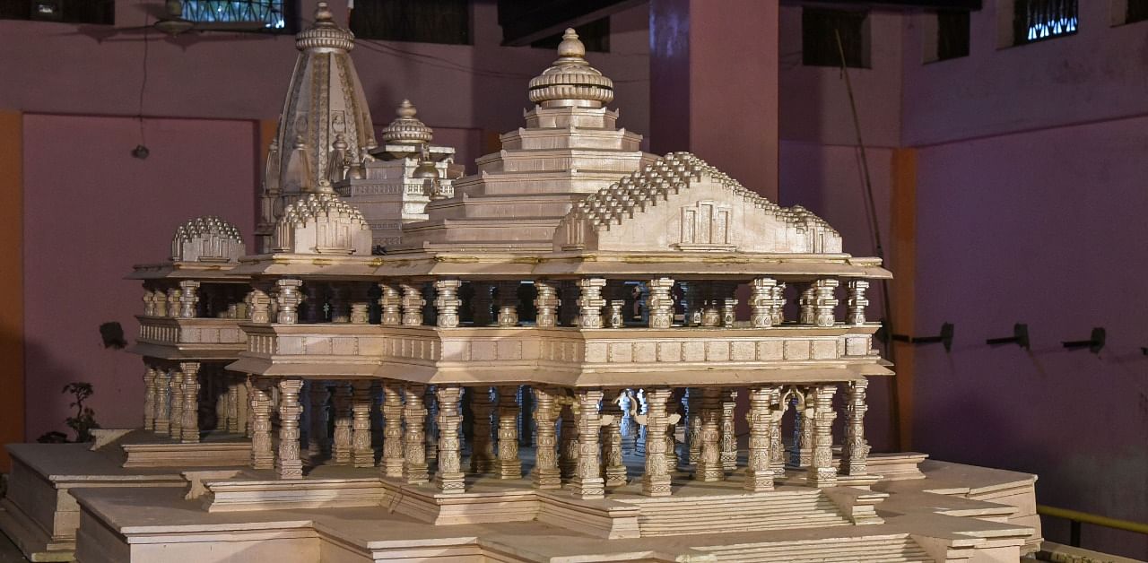 A model of Ram temple displayed at Kar Sewak Puram in Ayodhya. Credit: PTI Photo