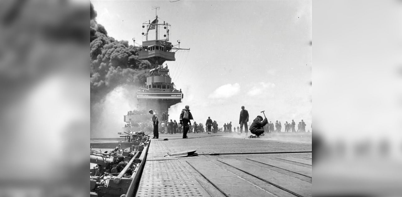 The USS Yorktown, shortly after being hit by three Japanese bombs during the Battle of Midway. Credit: Reuters