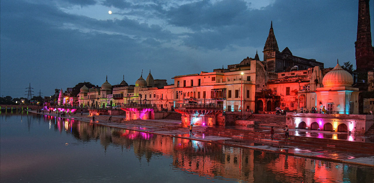 Ram Ki Paidi illuminated ahead of the ground-breaking ceremony for the construction of the Ram Temple, in Ayodhya. Credit: PTI
