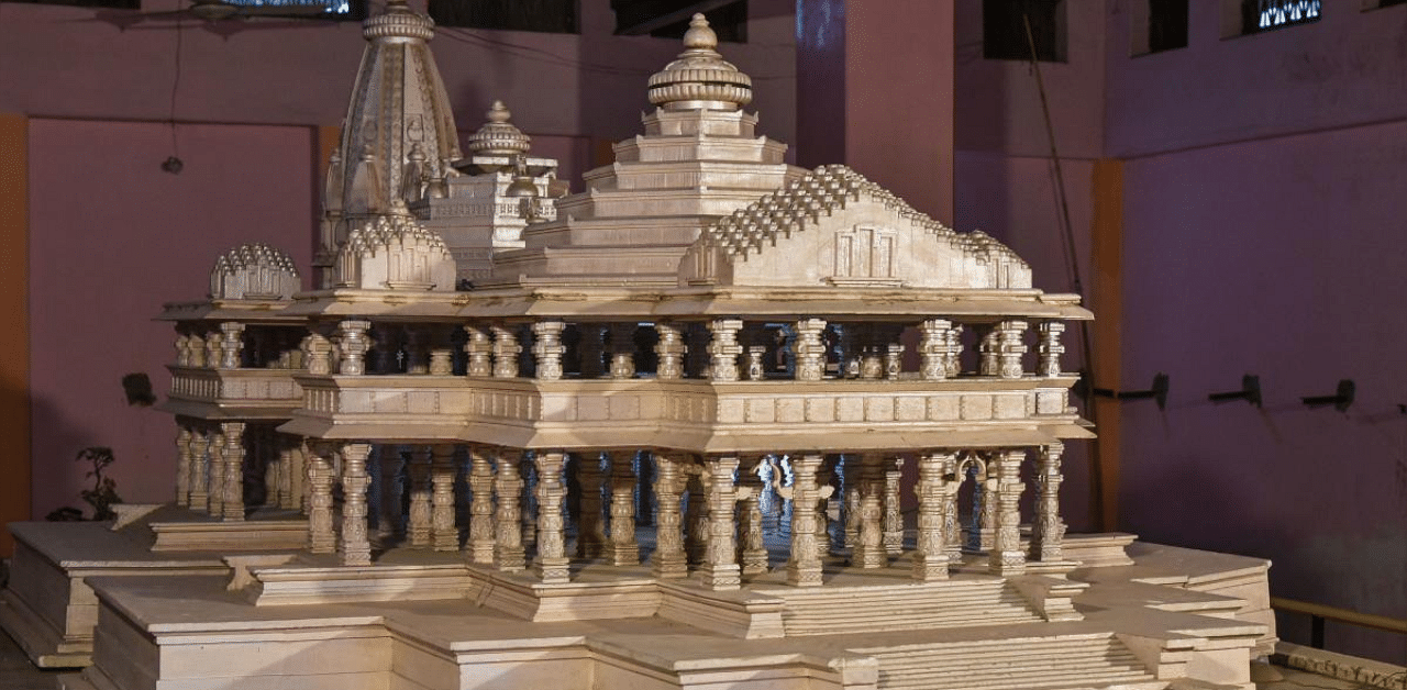 A model of Ram temple displayed at Kar Sewak Puram in Ayodhya. Credit: PTI