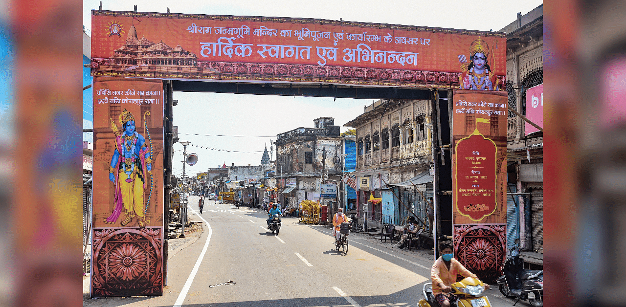 Preparations for the ground-breaking ceremony for the construction of the Ram Temple, in Ayodhya. Credits: PTI Photo