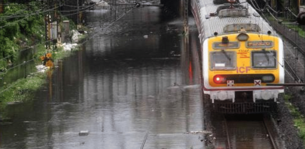 Waterlogging in railway tracks following heavy monsoon rain, in Mumbai. Credit: PTI Photo