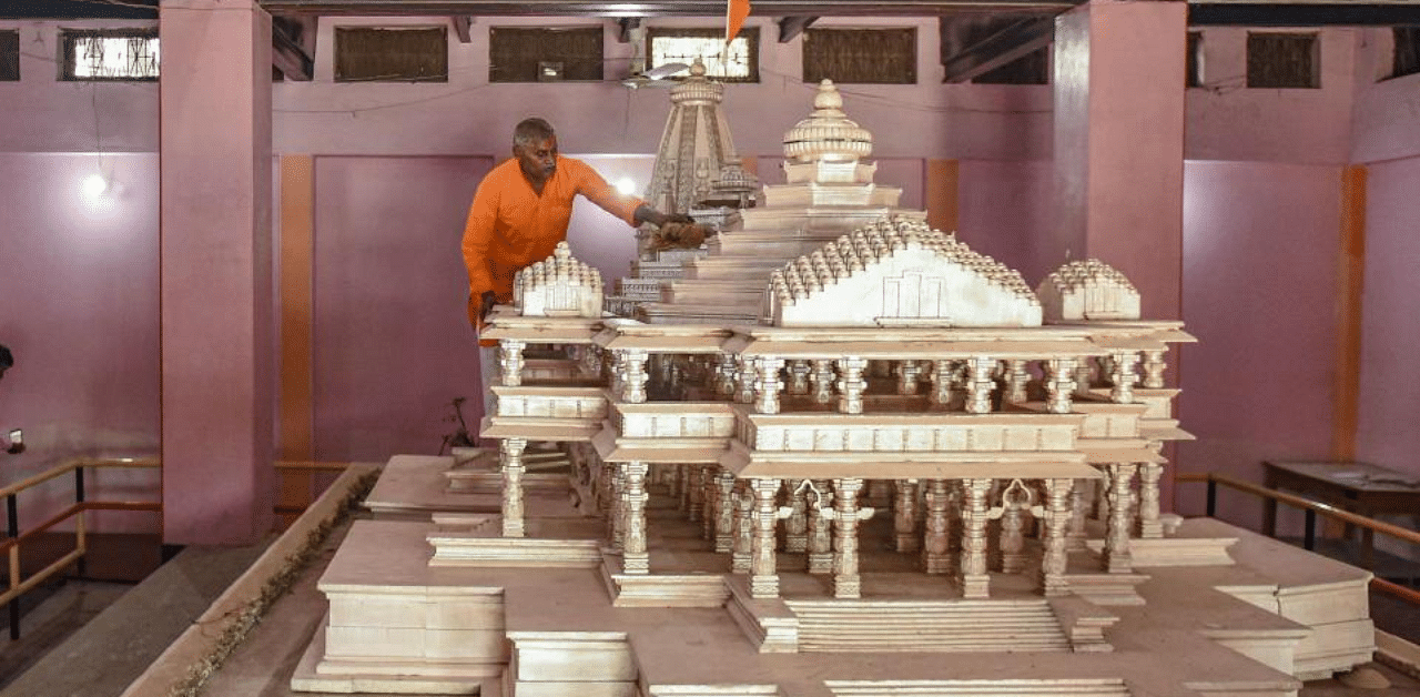 Replica of the proposed Ram Mandir on display. Credit: PTI