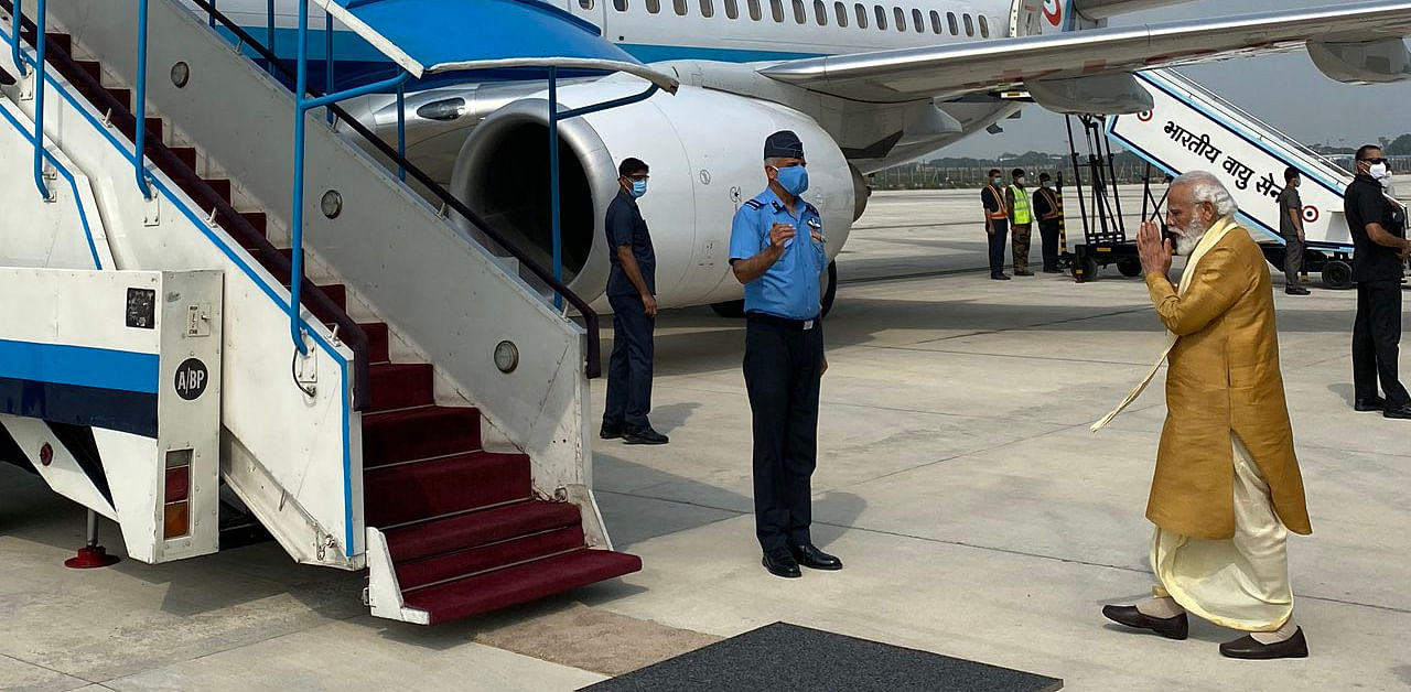 The Prime Minister's Office shared a picture of Modi boarding an Air Force plane. Credit: Twitter/@PMOIndia