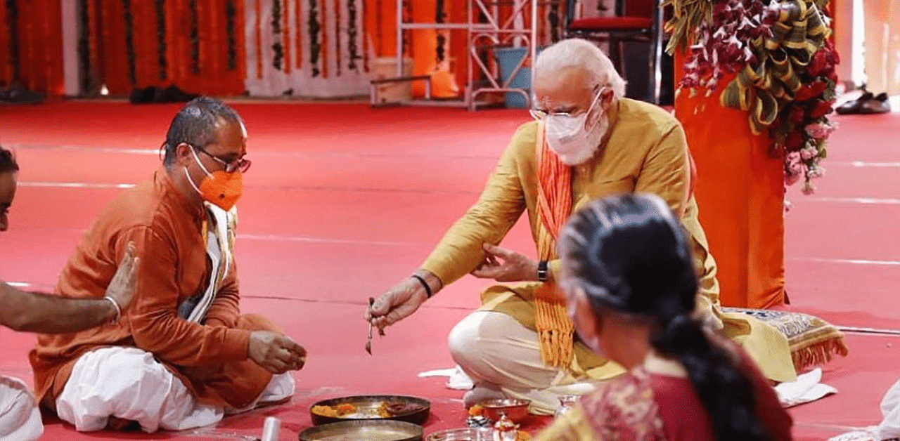 Prime Minister Narendra Modi along with UP Governor Anandiben Patel performs Bhoomi Pujan rituals for the construction of the Ram Mandir, in Ram Janmabhoomi premises in Ayodhya, Wednesday, Aug 5, 2020. Credit: PTI