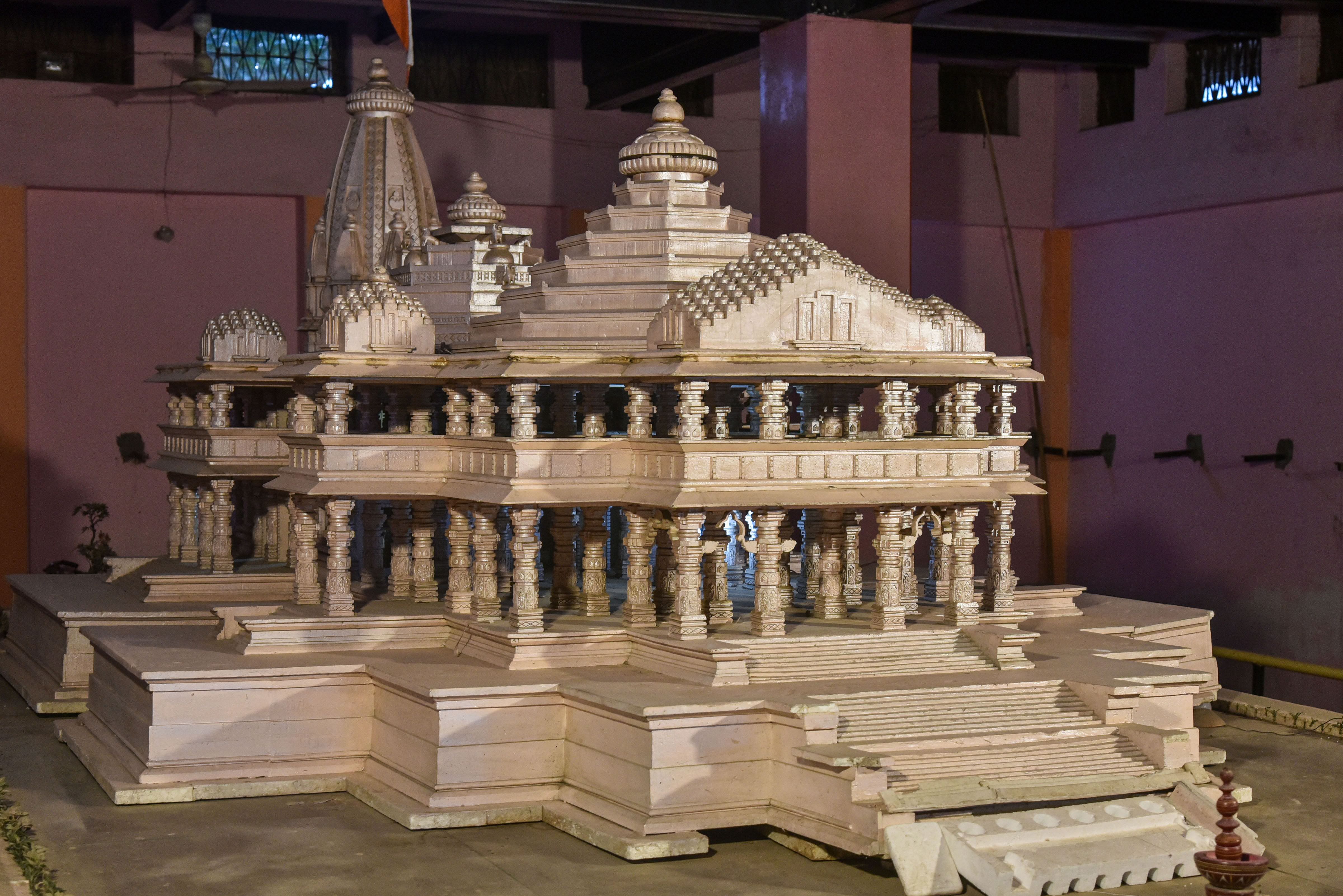 A model of Ram temple displayed at Kar Sewak Puram in Ayodhya, Monday, Aug. 3, 2020. Prime Minister Narendra Modi is scheduled to attend the 'Bhoomi Pujan' ceremony of Ram Temple in Ayodhya on August 5. Credit: PTI Photo