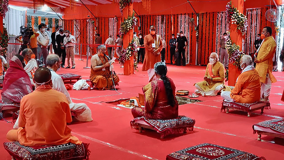 Prime Minister Narendra Modi along with UP Governor Anandiben Patel, Chief Minister Yogi Adityanath, RSS chief Mohan Bhagwat and others perform Bhoomi Pujan rituals for the construction of the Ram Mandir, in Ram Janmabhoomi premises in Ayodhya. Credits: PTI Photo