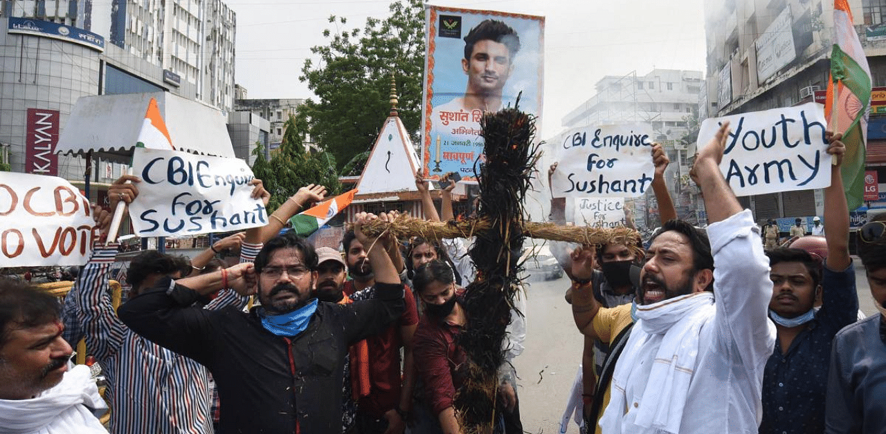 Fans of late Bollywood actor Sushant Singh Rajput stage a protest, demanding the CBI inquiry into the case, in Patna. Credit: PTI File Photo