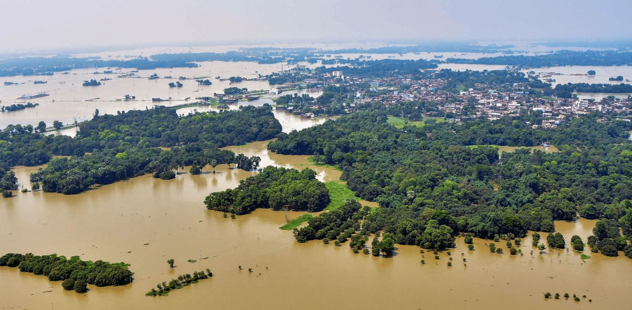 An aerial view of the flood-affected Darbhanga district of Bihar. Credit: PTI Photo