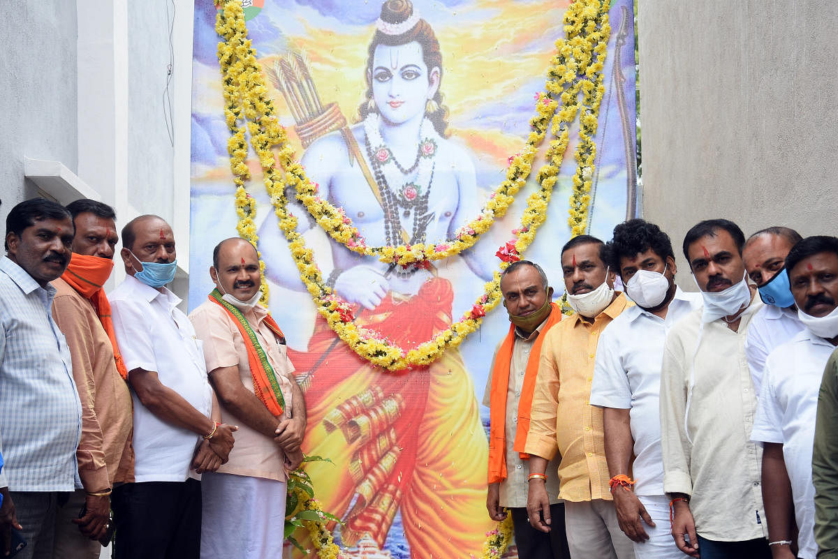 The foundation stone laying ceremony for the historic Ram temple in Ayodhya, Uttar Pradesh, was celebrated at the BJP office in Mysuru on Wednesday. DH PHOTO