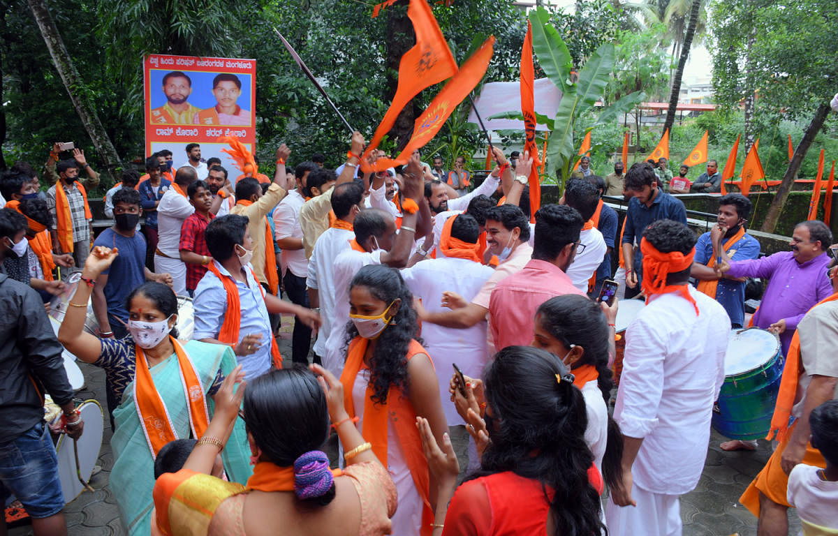 Members of VHP and Bajrang Dal celebrate the Bhoomi Puja for Sri Ram Mandir in Ayodhya in front of the VHP office in Kadri in Mangaluru on Wednesday.