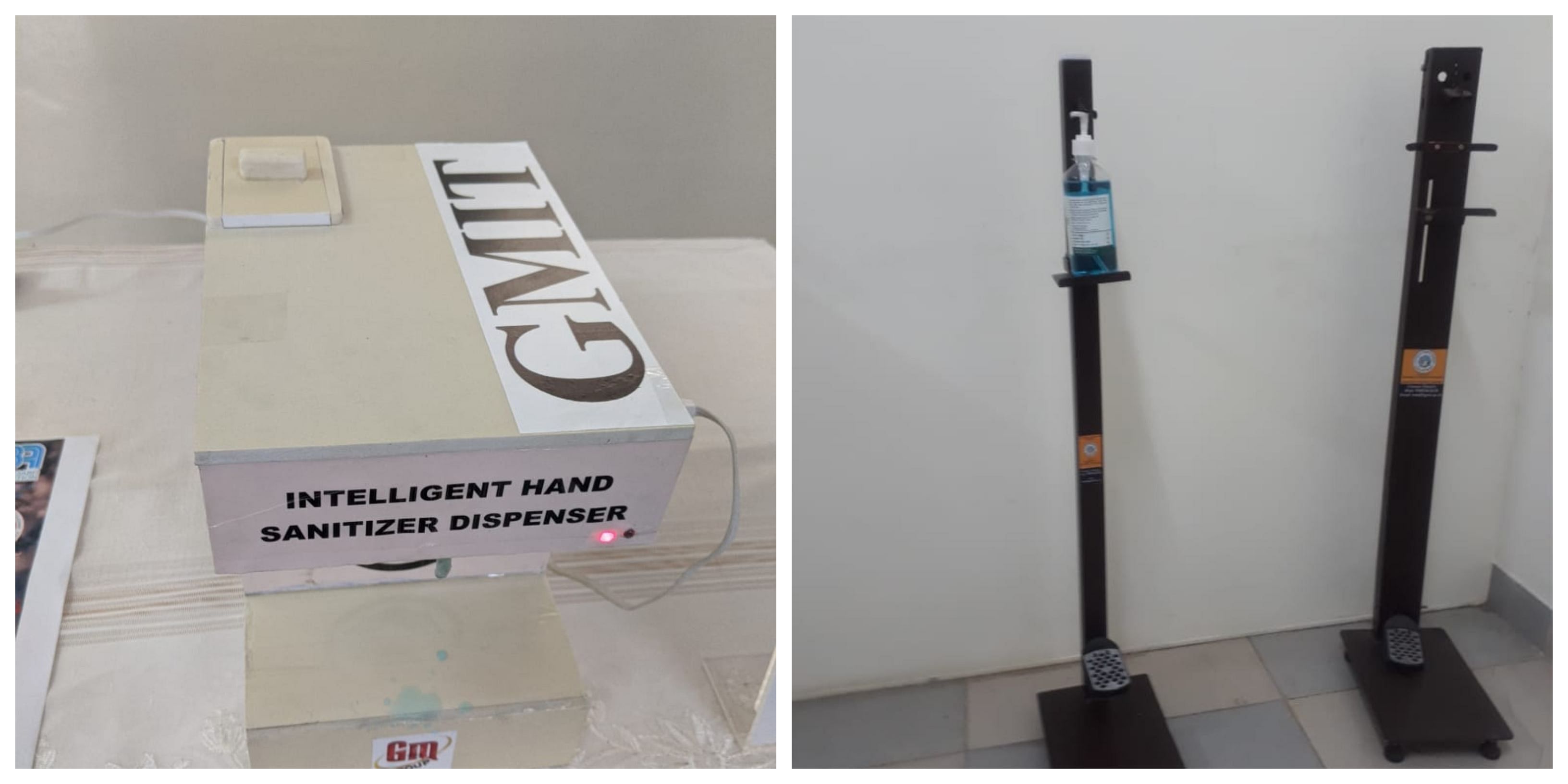 A Zero contact sanitiser dispenser  and a foot-operated sanitiser stand.