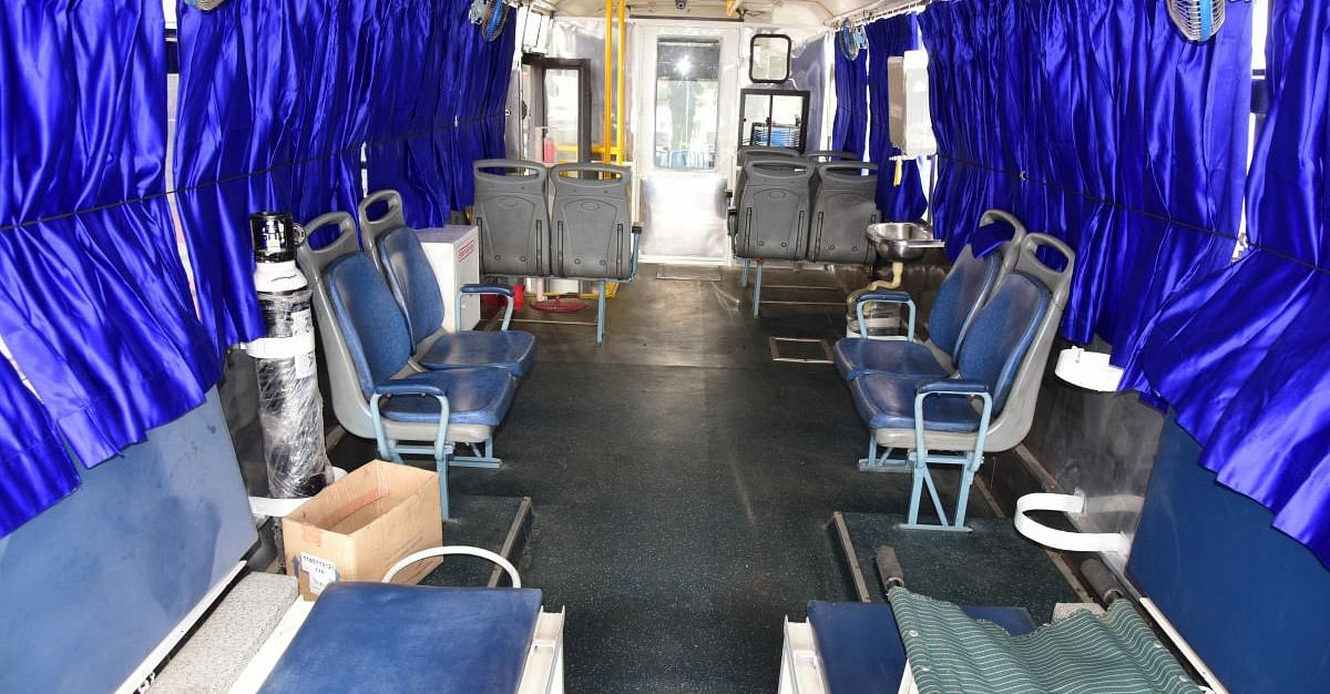 KSRTC Mini bus converted in to Ambulance ‘Sarige Sanjeevini’, with 2 foldable back strechers, First Aid kit, Oxygen Cylinder, etc, at Basaveshwara bus station in Peenya, Bengaluru, on Wednesday. Credit: DH Photo/ B H Shivakumar