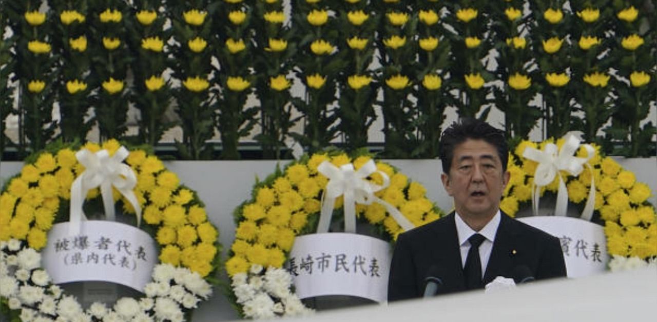 apanese Prime Minister Shinzo Abe delivers a speech during a ceremony to mark the 75th anniversary of the bombing at the Hiroshima Peace Memorial Park. Credit: AP/PTI Photo