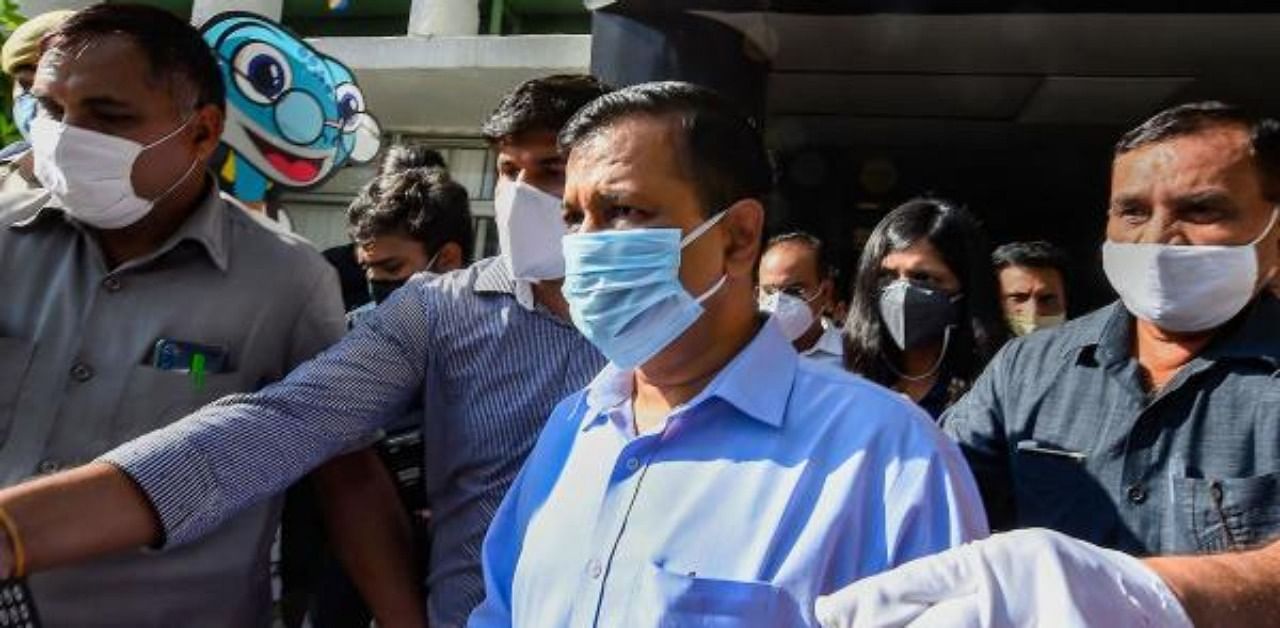 Delhi CM Arvind Kejriwal leaves after visiting a 12-year-old survivor of rape and assault at AIIMS Hospital, in New Delhi. Credit: PTI Photo