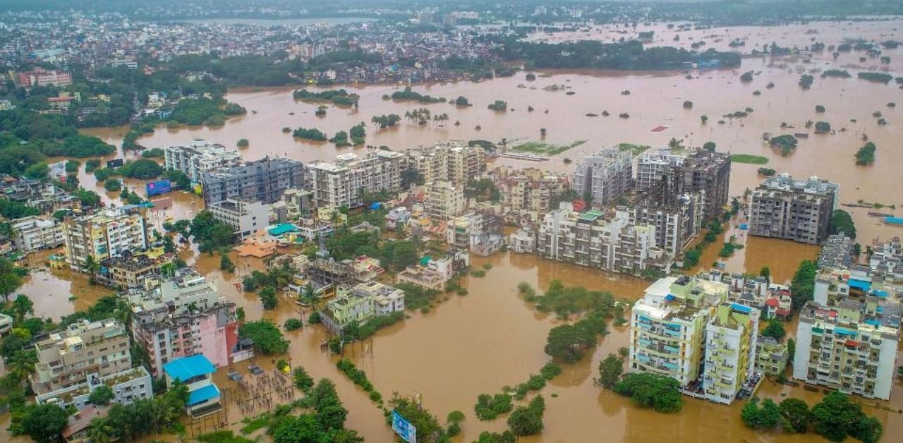  view of flooded area due to overflow of Panchganga river during monsoon season, in Kolhapur. Credit: PTI/file